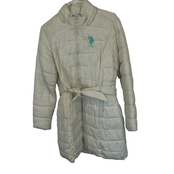 US Polo Assn Puffer Jacket Women's Size Large White Mid Length Belted Full Zip - Picture 1 of 16